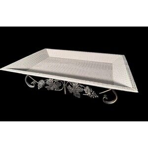2 pc White & Silver Grapes Oval Serving Tray Set Rack Holiday Decor 20”x14”